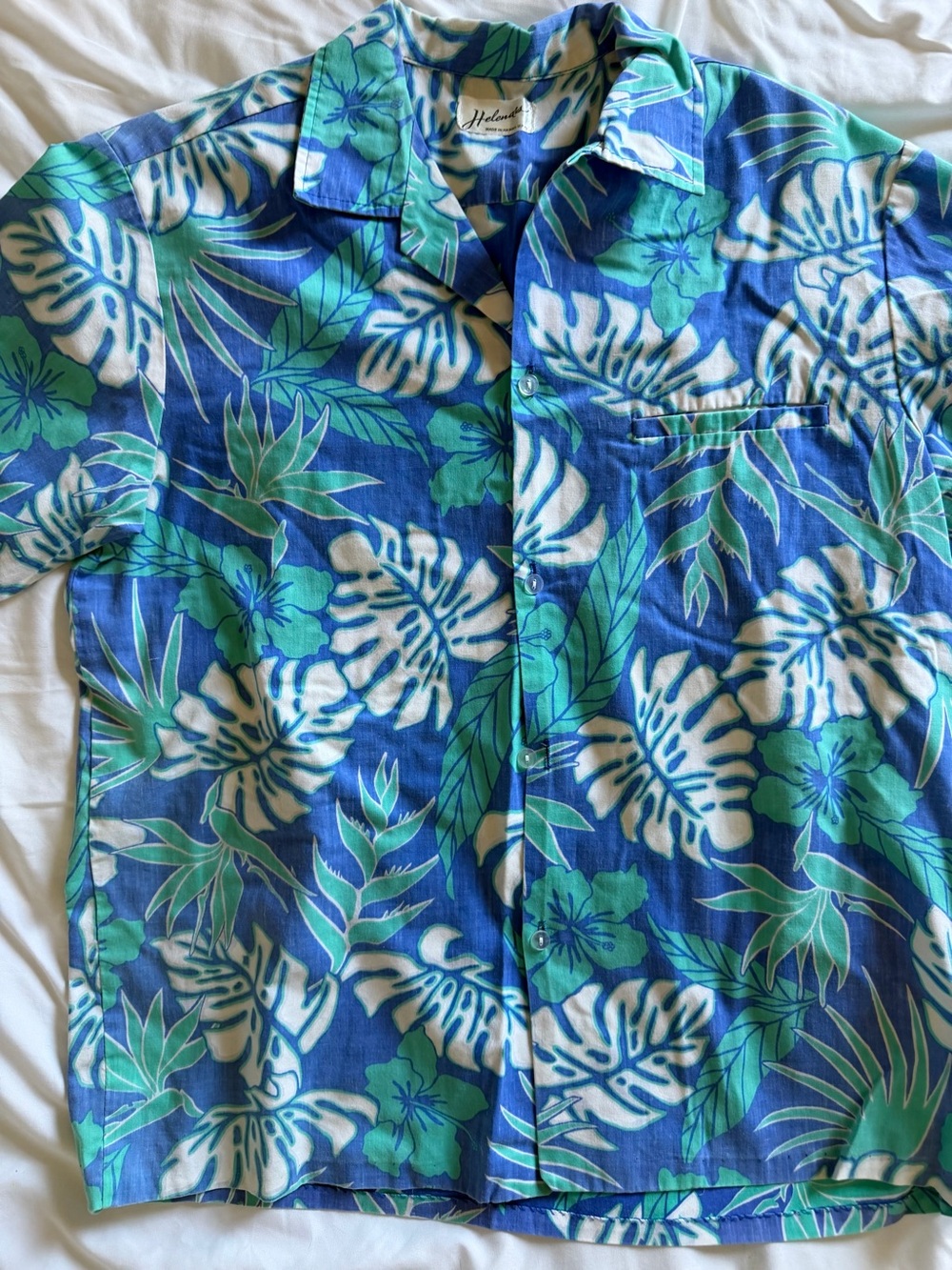 Vintage Helena Blue, Green and White Tropical Print Men's Button-Down Shirt